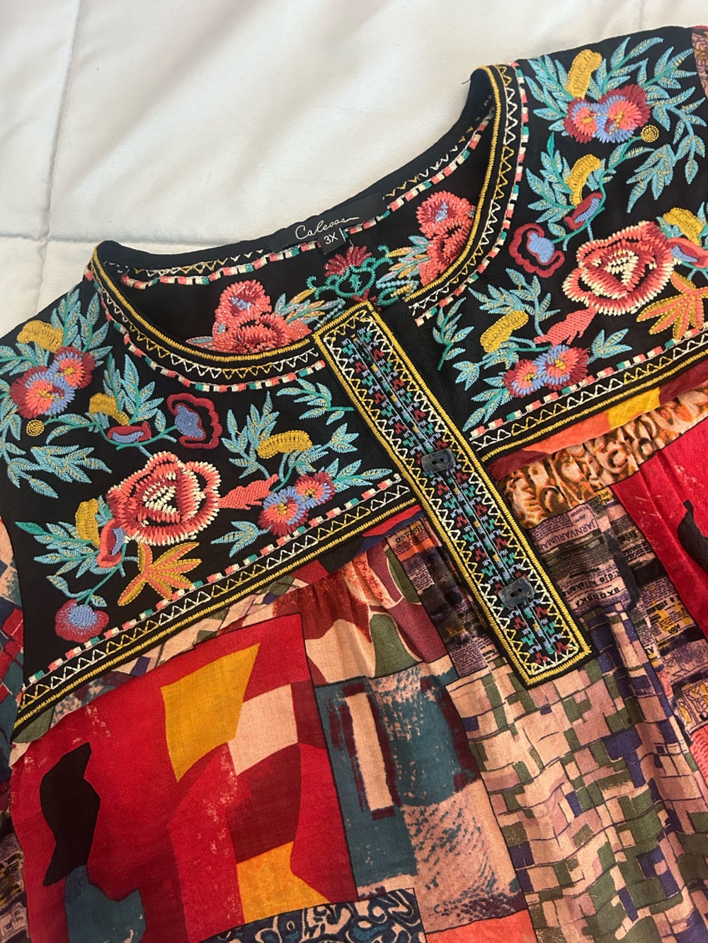 Fall Calessa Colorful Embroidered Patchwork Boho Blouse by Calessa